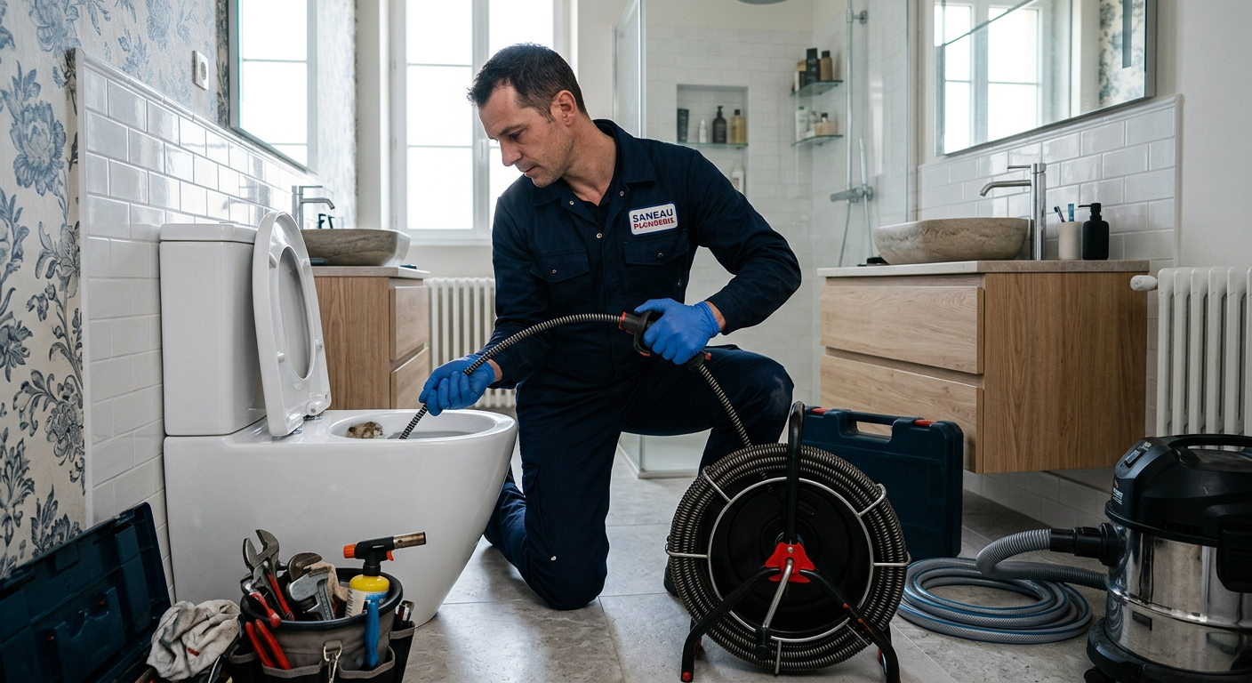 Plombier débouchant des WC avec un furet électrique à Vigneux-sur-Seine